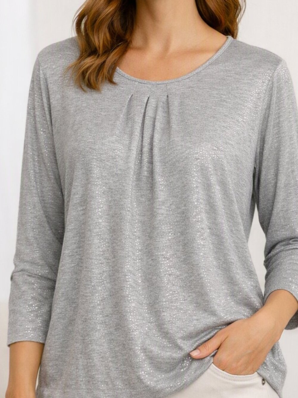Olsen Light Gray Shimmer Pleated Blouse | Quiet Luxury Soft Minimalism Metallic